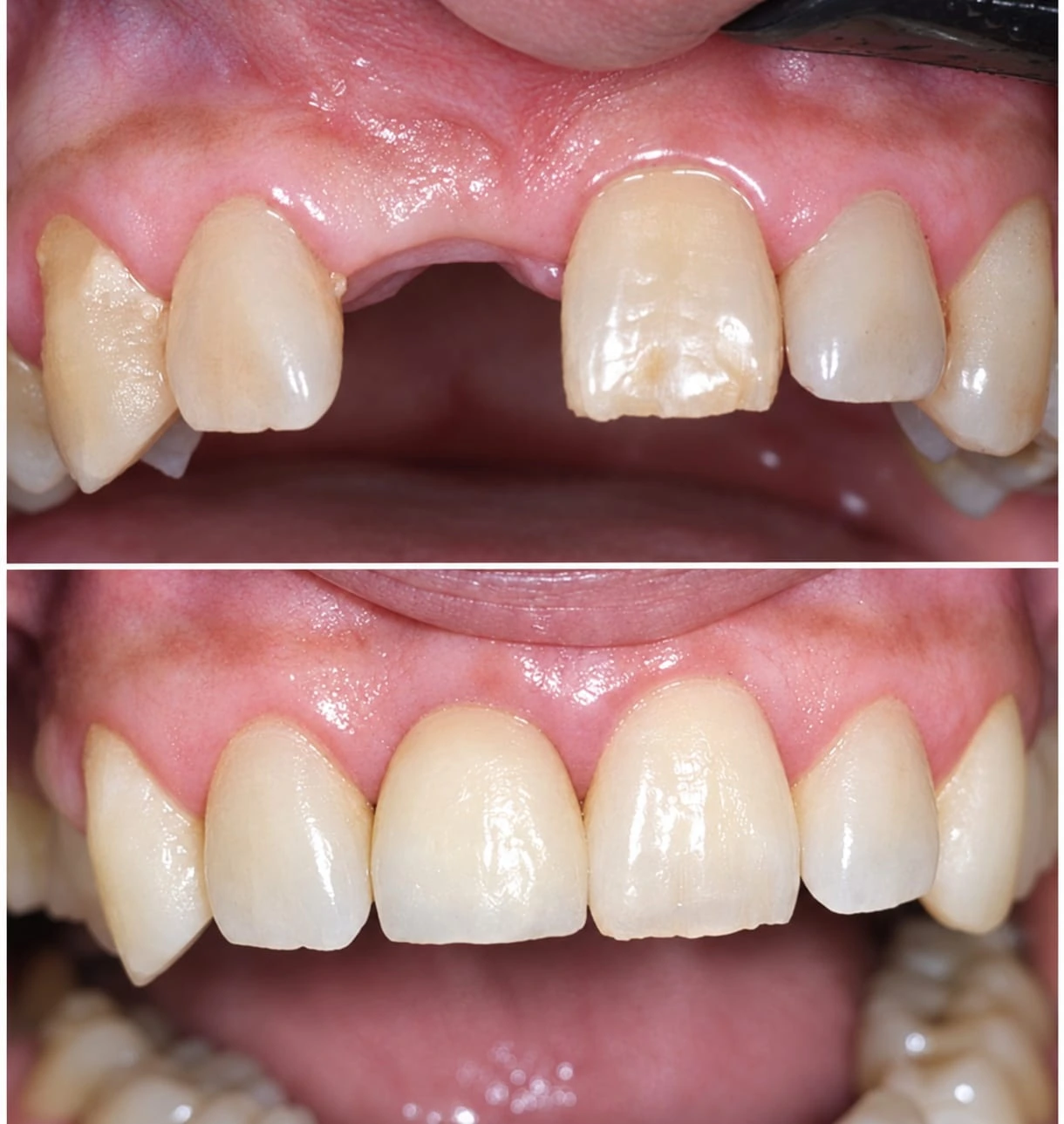 Before and after single-tooth dental implant restoration at Smile Clinique in Malabar Hill, Mumbai